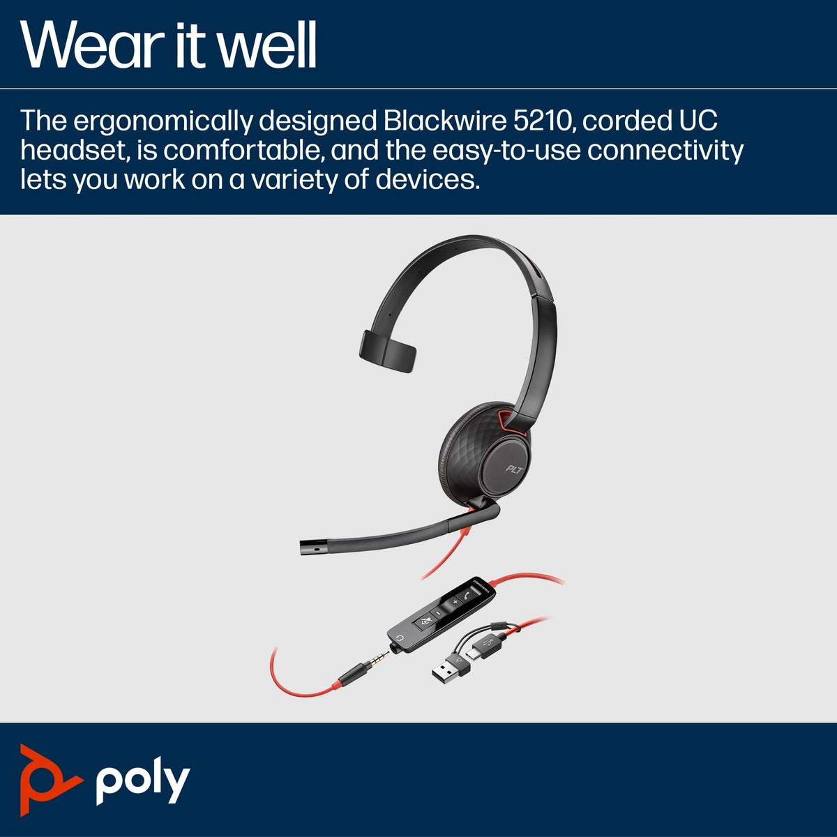 Poly Blackwire 5210 Monaural USB-C Headset + 3.5mm Plug + USB-C/A Adapter | 8X230A6 Headset Poly