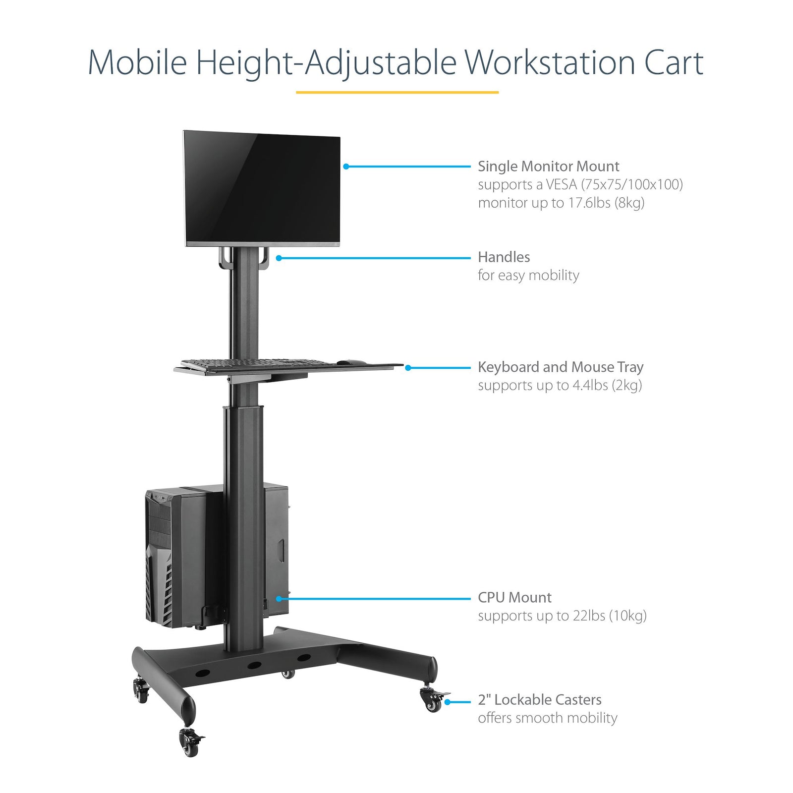 StarTech WKSTNCART Mobile Workstation Cart with Monitor Mount | CPU/PC Holder Mobile Trolley Startech