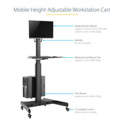StarTech WKSTNCART Mobile Workstation Cart with Monitor Mount | CPU/PC Holder Mobile Trolley Startech