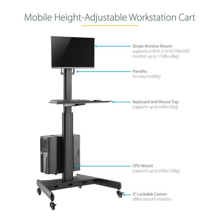 StarTech WKSTNCART Mobile Workstation Cart with Monitor Mount | CPU/PC Holder