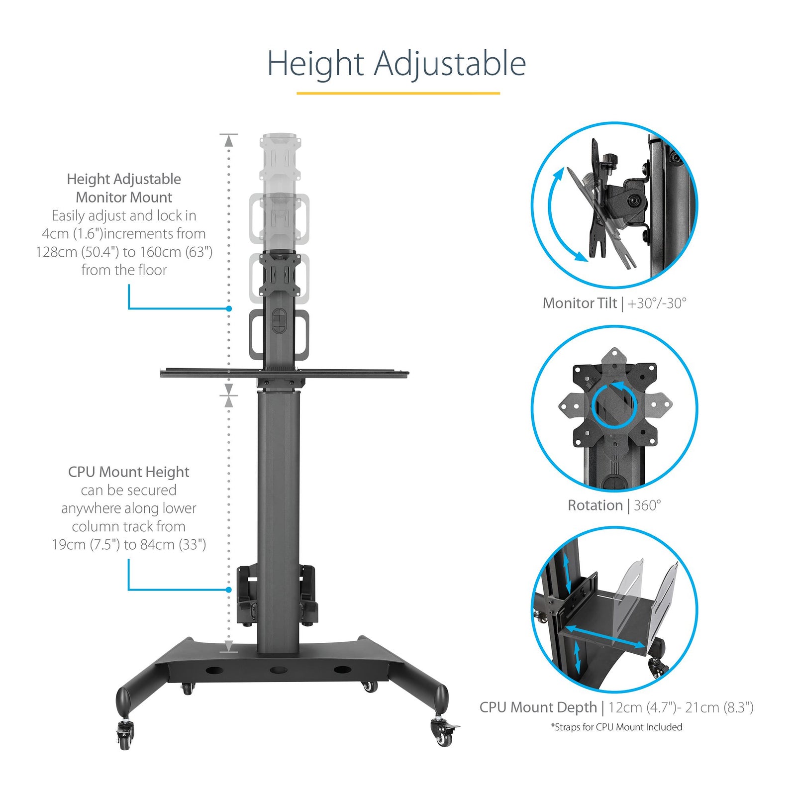 StarTech WKSTNCART Mobile Workstation Cart with Monitor Mount | CPU/PC Holder Mobile Trolley Startech