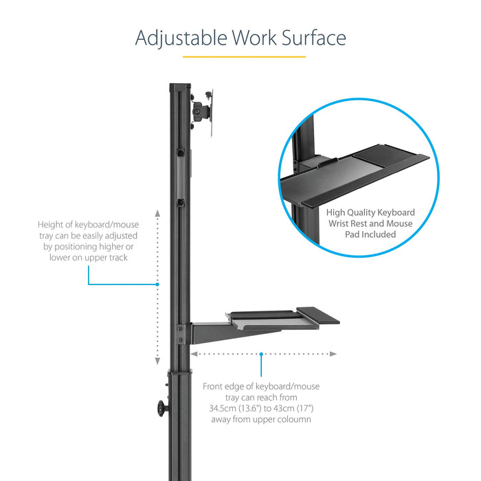 StarTech WKSTNCART Mobile Workstation Cart with Monitor Mount | CPU/PC Holder