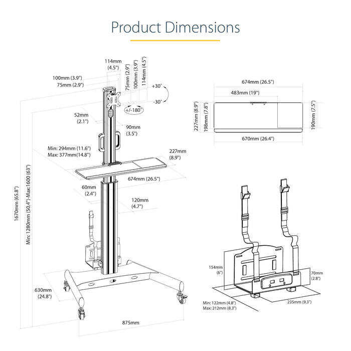 StarTech WKSTNCART Mobile Workstation Cart with Monitor Mount | CPU/PC Holder